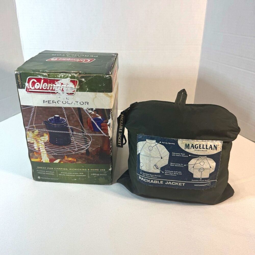 Coleman 9 Cup Coffee Percolator & Magellan Packable Rain Jacket Camping Bundle